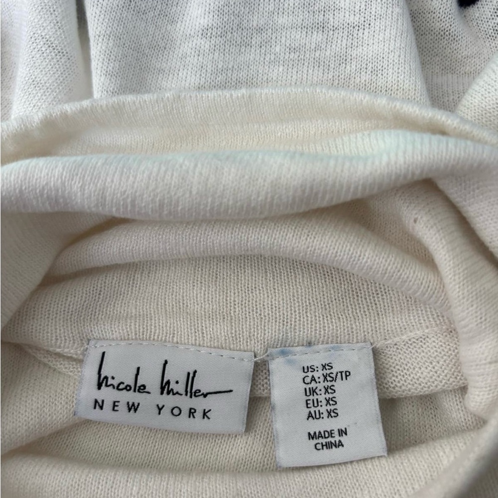 Nicole Miller XS Striped Linen Blend Turtleneck Sweater White Navy - Picture 5 of 5